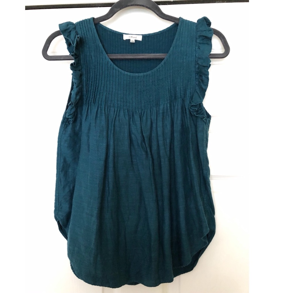 Aritzia Wilfred Pintuck Ruffle Teal Top